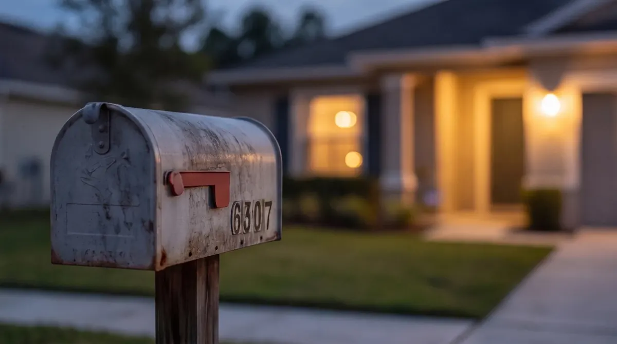 A mailbox in front of a house at dusk